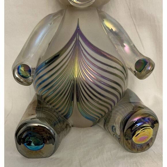 1996 Stuart Abelman Iridescent Pulled Feather Art Glass Frosted Body Teddy Bear - Picture 5 of 16